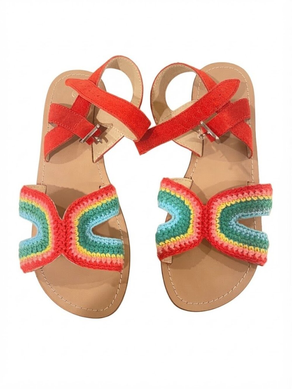 Mini Boden Colorful Rainbow Crochet & Red Suede Ankle Strap Sandals Size 34